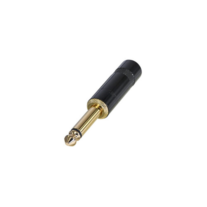 1/4" phone plug (6.35mm male jack), 2 pole (Mono), black handle, gold pl. cts (OD up to 6 mm) 1/4" phone plug (6.35mm male jack), 2 pole (Mono), black handle, gold pl. cts (OD up to 6 mm)