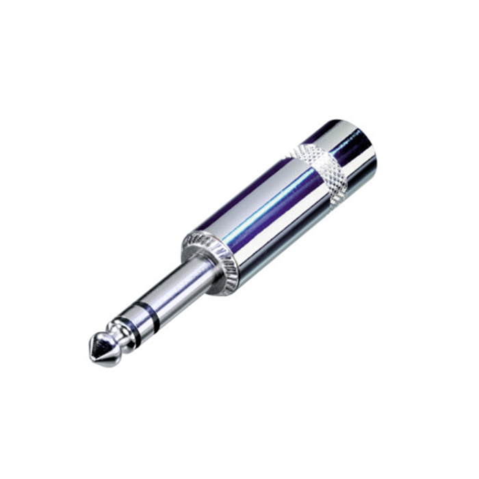1/4" phone plug (6.35mm male jack), 3 pole (Stereo), long diecast handle, silver 1/4" phone plug (6.35mm male jack), 3 pole (Stereo), long diecast handle, silver