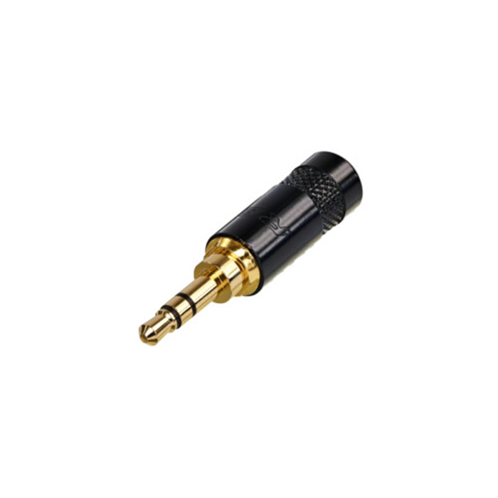 3,5 mm plug (Mini jack), 3 pole (Stereo), black metal handle, gold plated cts (OD up to 4 mm) 3,5 mm plug (Mini jack), 3 pole (Stereo), black metal handle, gold plated cts (OD up to 4 mm)