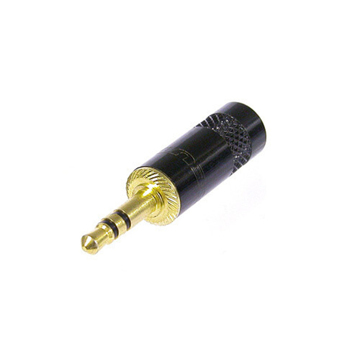 3,5 mm plug (Mini jack), 3 pole (Stereo), black metal handle, gold plated cts (OD up to 8 mm) 3,5 mm plug (Mini jack), 3 pole (Stereo), black metal handle, gold plated cts (OD up to 8 mm)
