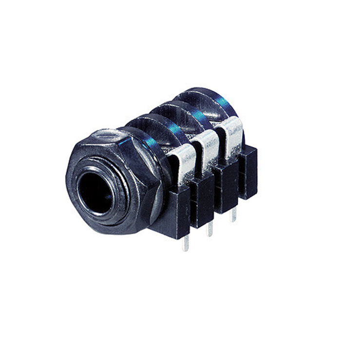 3 Pole Horizontal 1/4'' jack, switched, plastic housing with nut and washer (8 mm distance to PCB) 3 Pole Horizontal 1/4'' jack, switched, plastic housing with nut and washer (8 mm distance to PCB)
