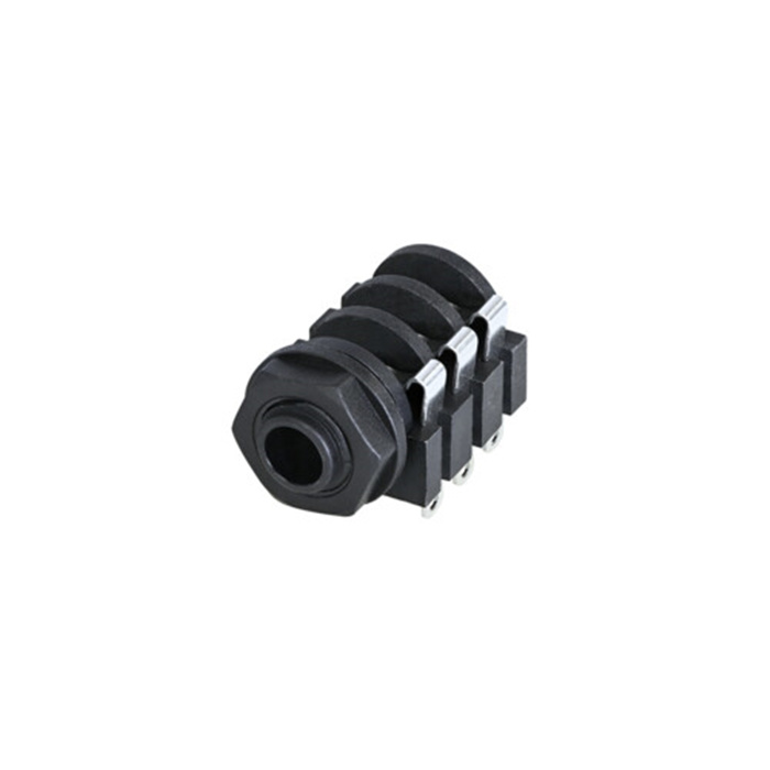 3 Pole Horizontal 1/4'' jack, switched, plastic housing with nut and washer, solder taps 3 Pole Horizontal 1/4'' jack, switched, plastic housing with nut and washer, solder taps