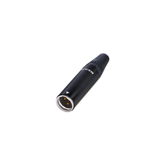 3 pole TINY XLR male cable conn., Black housing & Gold cts (OD 2-4.5mm) 3 pole TINY XLR male cable conn., Black housing & Gold cts (OD 2-4.5mm)