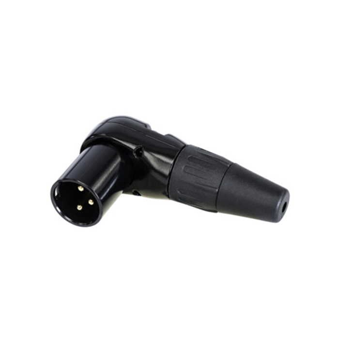 3 pole XLR male cable conn. right-angled (Black housing, gold plated contacts) 3 pole XLR male cable conn. right-angled (Black housing, gold plated contacts)