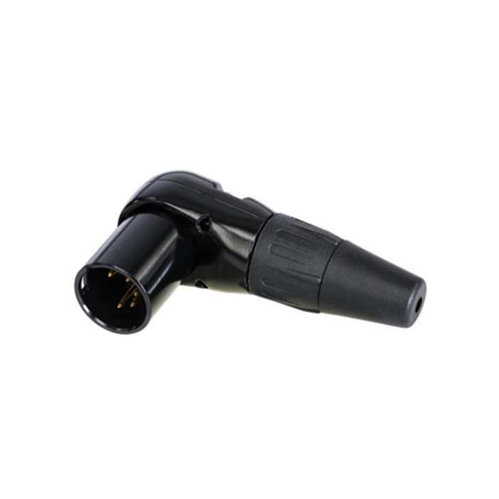 5 pole XLR male cable conn. right-angled (Black housing, gold plated contacts) 5 pole XLR male cable conn. right-angled (Black housing, gold plated contacts)