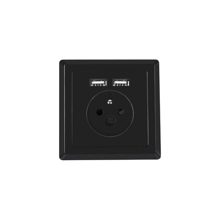AC WALL SOCKET 230V WITH 2 USB PORT 2.1A, FRENCH SOCKET BLACK AC WALL SOCKET 230V WITH 2 USB PORT 2.1A, FRENCH SOCKET BLACK