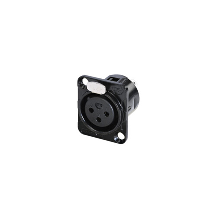 D Series/Indoor - 3 pole XLR female D-size chassis connector, Black housing & Gold contacts D Series/Indoor - 3 pole XLR female D-size chassis connector, Black housing & Gold contacts