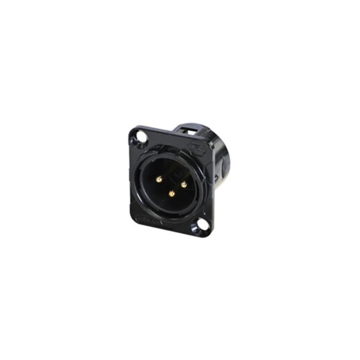D Series/Indoor - 3 pole XLR male D-size chassis connector, Black housing & Gold contacts D Series/Indoor - 3 pole XLR male D-size chassis connector, Black housing & Gold contacts