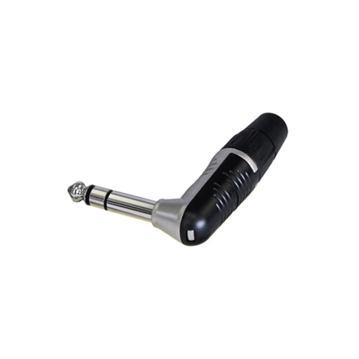 Finger Groove - 1/4" right angle plug (6.35mm male jack), 3 pole (Stereo), Nickel shell & tin cts Finger Groove - 1/4" right angle plug (6.35mm male jack), 3 pole (Stereo), Nickel shell & tin cts