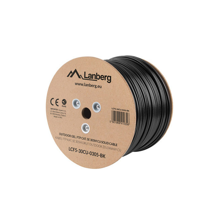Outdoor LAN Cable CAT.5E (F/UTP, 24AWG), Solid Core, gel-filled PE, Ø 6,0mm, Black Outdoor LAN Cable CAT.5E (F/UTP, 24AWG), Solid Core, gel-filled PE, Ø 6,0mm, Black