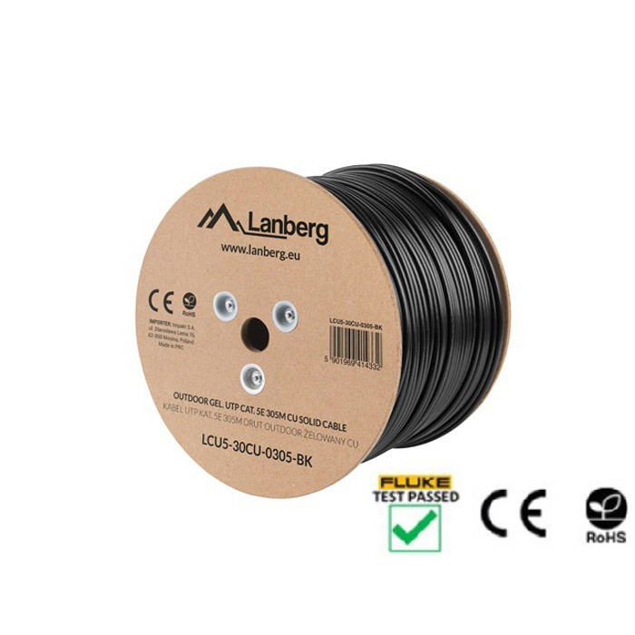 Outdoor LAN Cable CAT.5E (U/UTP, 24AWG), Solid Core, gel-filled PE, Ø 6,0mm, Black Outdoor LAN Cable CAT.5E (U/UTP, 24AWG), Solid Core, gel-filled PE, Ø 6,0mm, Black