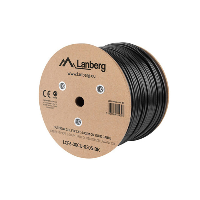 Outdoor LAN Cable CAT.6 (F/UTP, 23AWG), Solid Core, gel-filled PE, Ø 7,4mm, Black Outdoor LAN Cable CAT.6 (F/UTP, 23AWG), Solid Core, gel-filled PE, Ø 7,4mm, Black
