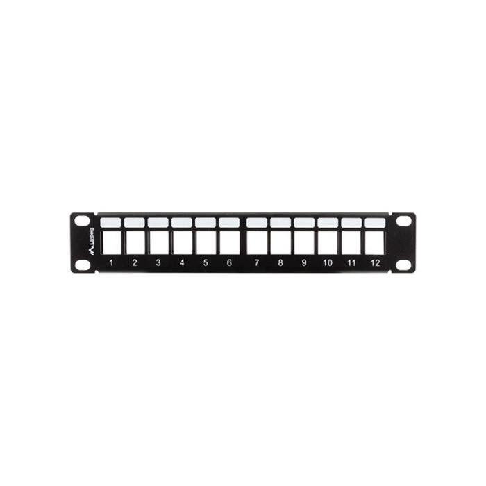Patch Panel 10" - 1U - Empty, 12 Keystones 180° (w. cable management), Black (RAL9004) Patch Panel 10" - 1U - Empty, 12 Keystones 180° (w. cable management), Black (RAL9004)