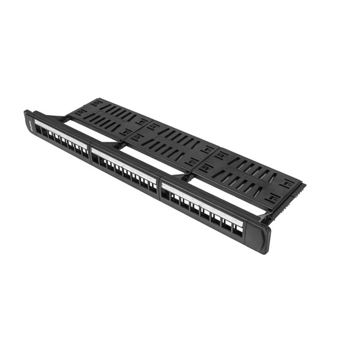 Patch Panel 19" - 1U - Empty, 24 Keystones 180° (w. cable management, no grounding), Black (RAL9004) Patch Panel 19" - 1U - Empty, 24 Keystones 180° (w. cable management, no grounding), Black (RAL9004)