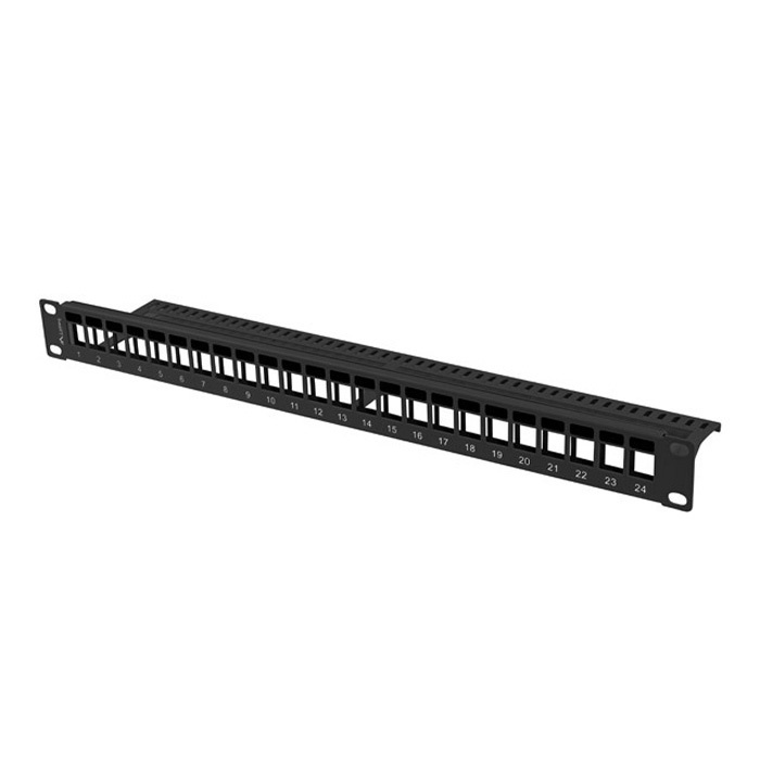 Patch Panel 19" - 1U - Empty, 24 Keystones 180° (w. cable management, no grounding), Black (RAL9004) Patch Panel 19" - 1U - Empty, 24 Keystones 180° (w. cable management, no grounding), Black (RAL9004)