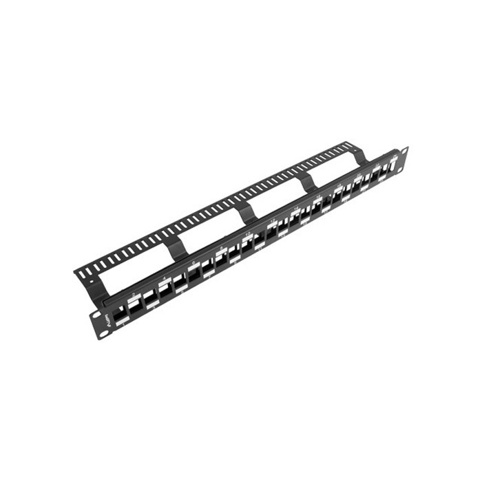 Patch Panel 19" - 1U - Empty, 24 Keystones, staggered with cable management, Black (RAL9004) Patch Panel 19" - 1U - Empty, 24 Keystones, staggered with cable management, Black (RAL9004)