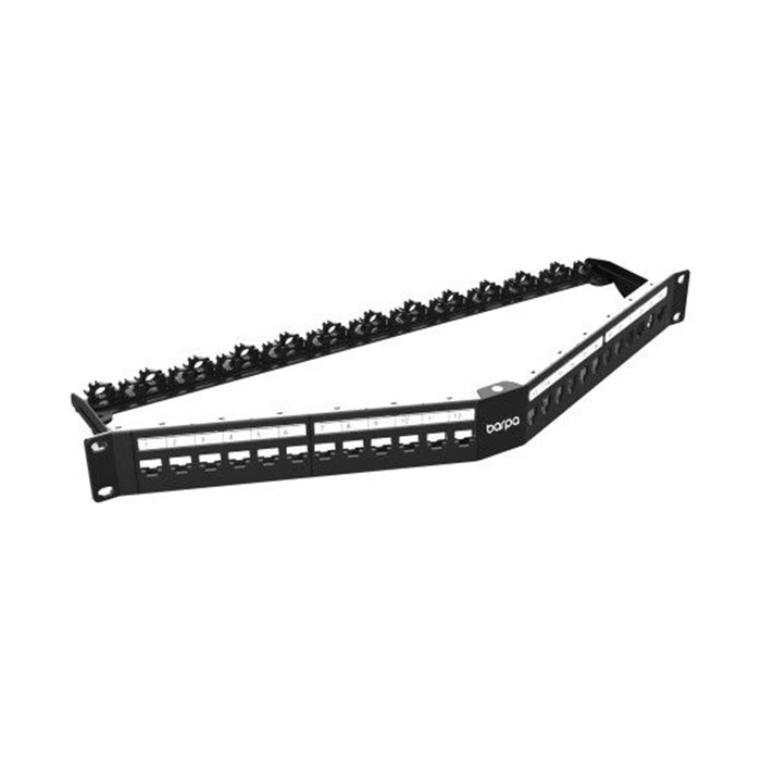 Patch Panel 19" Angled V - 1U - Empty, 24 Keyst. (w. cable management & grounding), Black (RAL9005) Patch Panel 19" Angled V - 1U - Empty, 24 Keyst. (w. cable management & grounding), Black (RAL9005)
