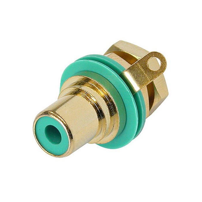 Phono jack (Cinch/RCA) chassis connector, gold plated cts, isolation washer - Green Phono jack (Cinch/RCA) chassis connector, gold plated cts, isolation washer - Green