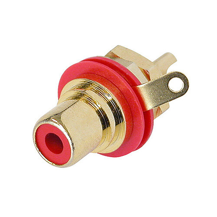 Phono jack (Cinch/RCA) chassis connector, gold plated cts, isolation washer - Red Phono jack (Cinch/RCA) chassis connector, gold plated cts, isolation washer - Red