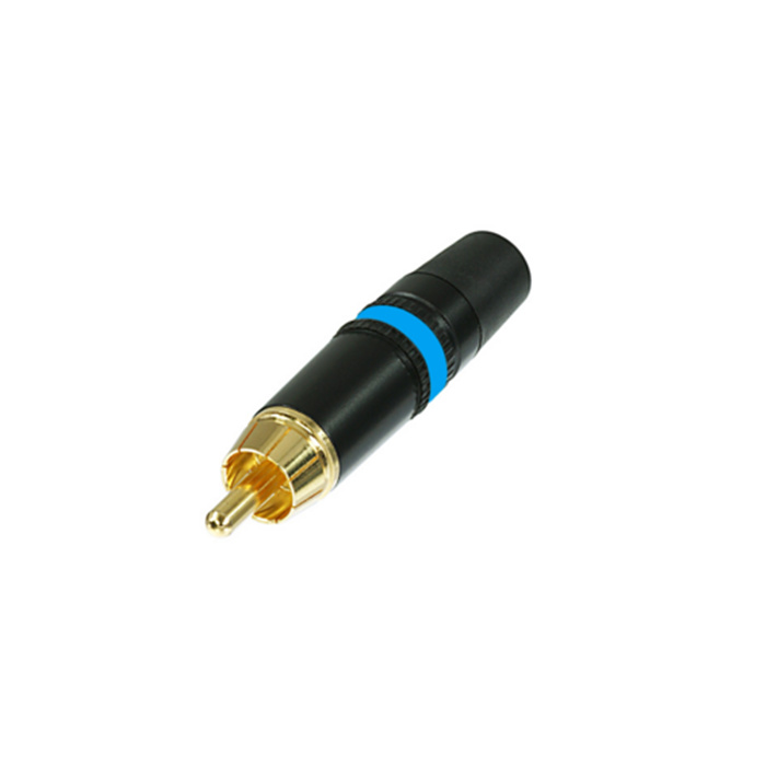 Phono plug (Cinch/RCA) black shell, gold plated cts, rubber boot (cable OD 3.5-6.1 mm) - Blue Phono plug (Cinch/RCA) black shell, gold plated cts, rubber boot (cable OD 3.5-6.1 mm) - Blue
