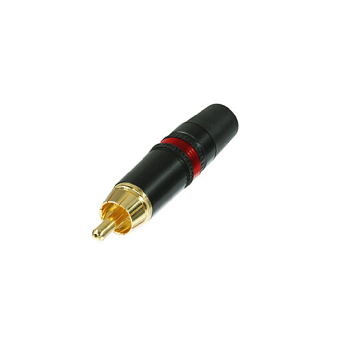 Phono plug (Cinch/RCA) black shell, gold plated cts, rubber boot (cable OD 3.5-6.1 mm) - Red Phono plug (Cinch/RCA) black shell, gold plated cts, rubber boot (cable OD 3.5-6.1 mm) - Red