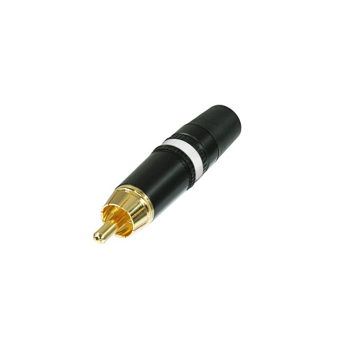 Phono plug (Cinch/RCA) black shell, gold plated cts, rubber boot (cable OD 3.5-6.1 mm) - White Phono plug (Cinch/RCA) black shell, gold plated cts, rubber boot (cable OD 3.5-6.1 mm) - White