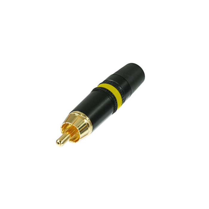 Phono plug (Cinch/RCA) black shell, gold plated cts, rubber boot (cable OD 3.5-6.1 mm) - Yellow Phono plug (Cinch/RCA) black shell, gold plated cts, rubber boot (cable OD 3.5-6.1 mm) - Yellow
