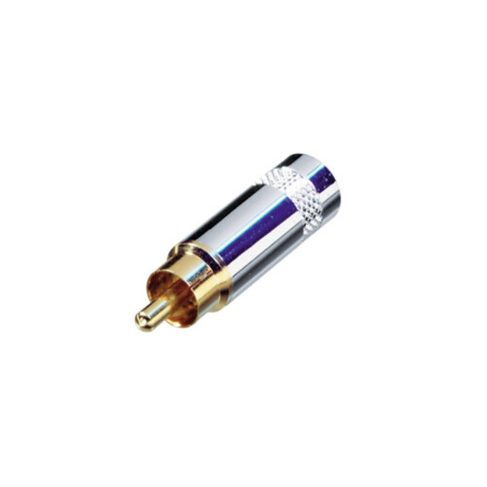Phono plug (Cinch/RCA) nickel plated shell & gold plated contacts (OD up to 7.2 mm) Phono plug (Cinch/RCA) nickel plated shell & gold plated contacts (OD up to 7.2 mm)