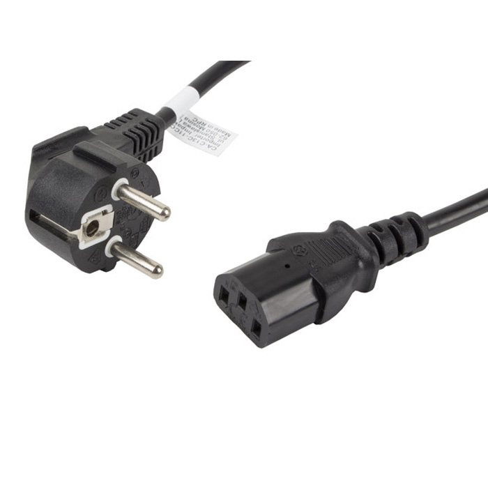Power cable - Angled schuko (CEE 7/7) male - IEC 320 C13, 3 x 0.75 mm², 10A, PVC, Black - 1,8m Power cable - Angled schuko (CEE 7/7) male - IEC 320 C13, 3 x 0.75 mm², 10A, PVC, Black - 1,8m