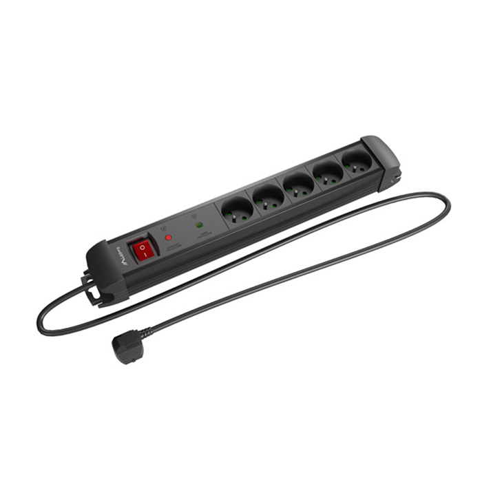 Power Strip (switch & surge protector) 5 x Type E/French, 10A/250V, Black - 5m with Uni-Schuko (M) Power Strip (switch & surge protector) 5 x Type E/French, 10A/250V, Black - 5m with Uni-Schuko (M)
