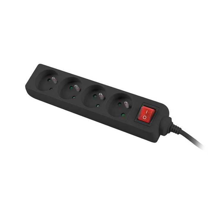 Power Strip with switch, 4 x Type E/French Outlets, 10A/250V, Black - 1,5m with Uni-Schuko (M) Power Strip with switch, 4 x Type E/French Outlets, 10A/250V, Black - 1,5m with Uni-Schuko (M)