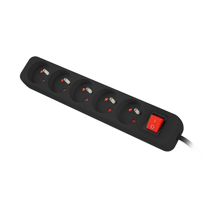 Power Strip with switch, 5 x Type E/French Outlets, 10A/250V, Black - 1,5m with Uni-Schuko (M) Power Strip with switch, 5 x Type E/French Outlets, 10A/250V, Black - 1,5m with Uni-Schuko (M)