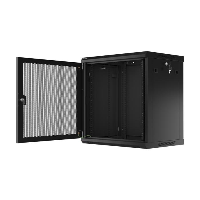 Wall mount rack 19” - 12U - 600 x 450, Black (RAL9004), Mesh front door (Unassembled) Wall mount rack 19” - 12U - 600 x 450, Black (RAL9004), Mesh front door (Unassembled)