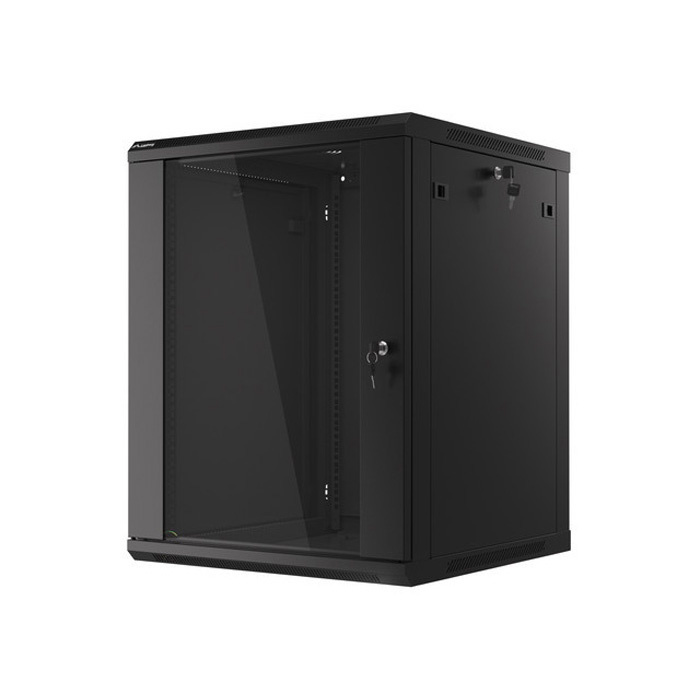 Wall mount rack 19” - 15U - 600 x 600, Black (RAL9004), Glass front door (Unassembled) Wall mount rack 19” - 15U - 600 x 600, Black (RAL9004), Glass front door (Unassembled)