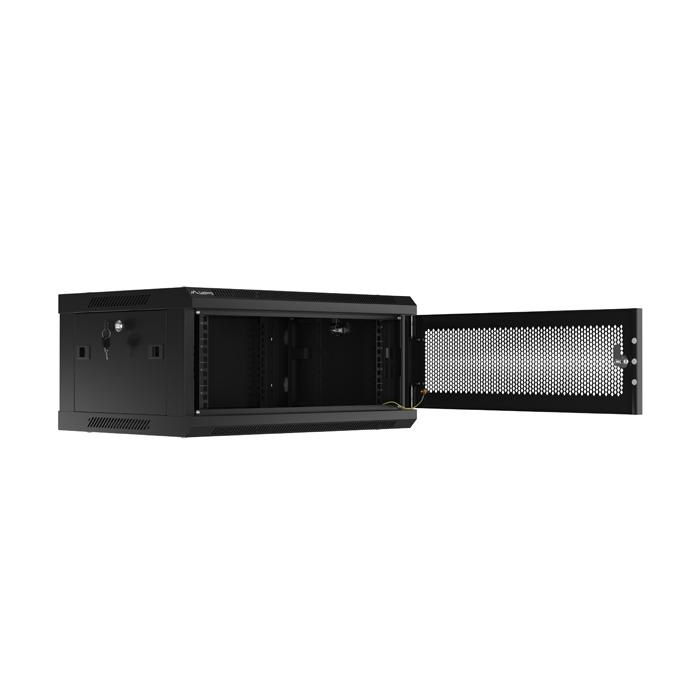 Wall mount rack 19” - 4U - 600 x 450, Black (RAL9004), Mesh perforated door (Unassembled) Wall mount rack 19” - 4U - 600 x 450, Black (RAL9004), Mesh perforated door (Unassembled)