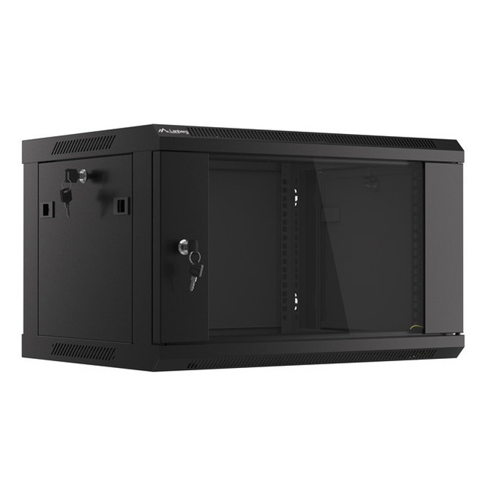 Wall mount rack 19” - 6U - 600 x 450, Black (RAL9004), Glass front door (Unassembled) Wall mount rack 19” - 6U - 600 x 450, Black (RAL9004), Glass front door (Unassembled)