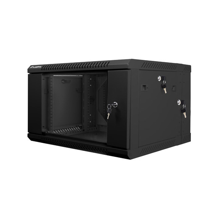 Wall mount rack 19” - 6U - 600 x 600 (double section), Black, Glass front door (Unassembled) Wall mount rack 19” - 6U - 600 x 600 (double section), Black, Glass front door (Unassembled)