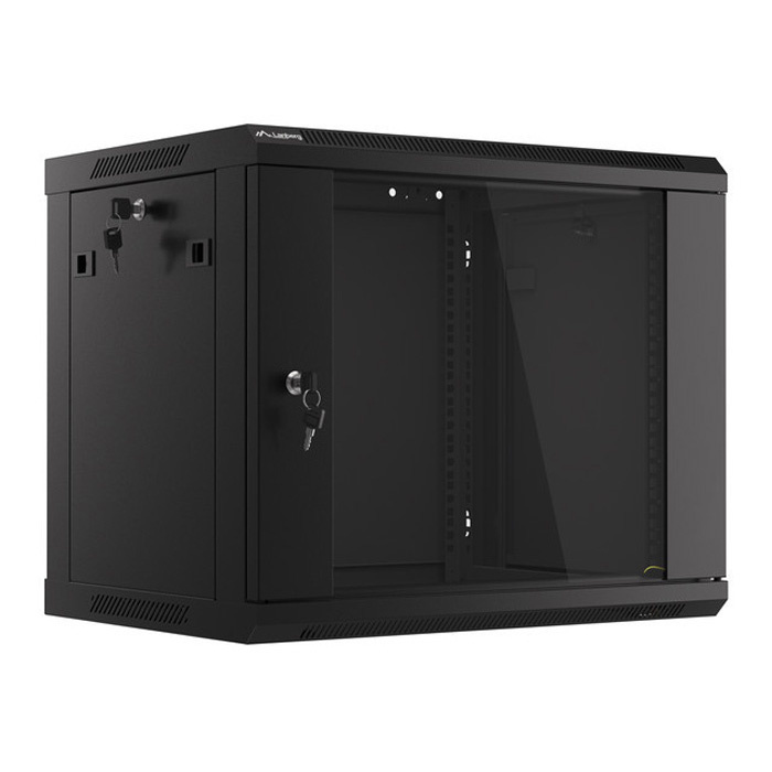 Wall mount rack 19” - 9U - 600 x 450, Black (RAL9004), Glass front door (Unassembled) Wall mount rack 19” - 9U - 600 x 450, Black (RAL9004), Glass front door (Unassembled)