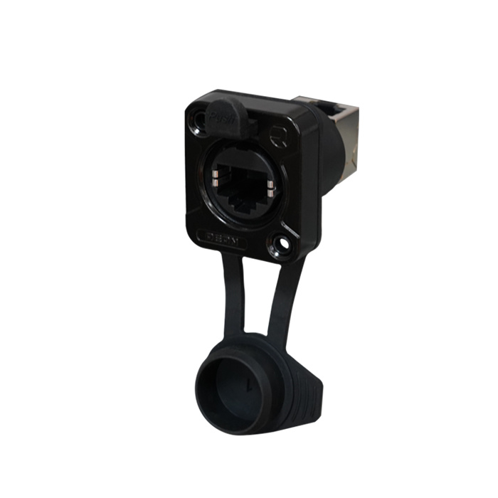 Z Series/Airtight - CAT5e D-size chassis connector, feedthrough, 90° UP, Black housing Z Series/Airtight - CAT5e D-size chassis connector, feedthrough, 90° UP, Black housing